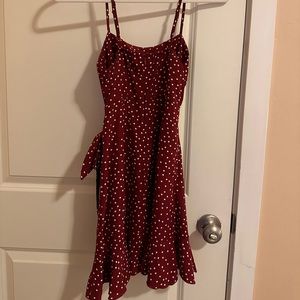 Princess Polly wrap dress, maroon with white polka dots, with boy on the side!